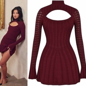 House of CB EVALINA Wine Red Knit Long Sleeve Open Front Corset Dress Size L